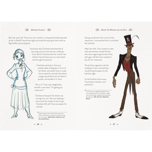 Illustrated book page with characters from 'The Princess and the Pauper' on a white background