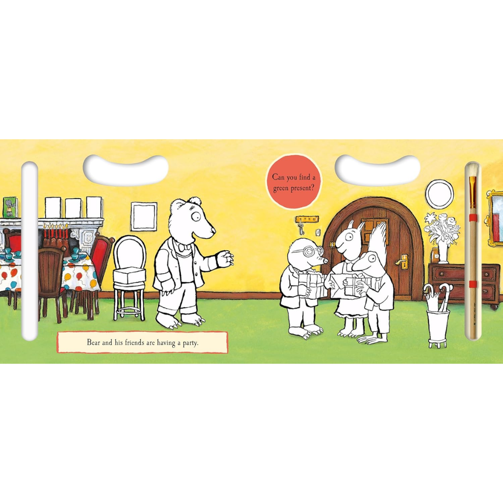 A children's wooden puzzle board featuring a cartoon bear and animal characters in a living room setting, with cutout handles on the left and right sides and a small text box at the bottom.