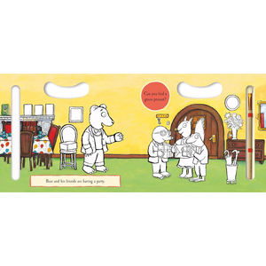 A children's wooden puzzle board featuring a cartoon bear and animal characters in a living room setting, with cutout handles on the left and right sides and a small text box at the bottom.