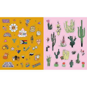 Two sticker sheets, one with colorful illustrations and the other with cacti, on a white background.