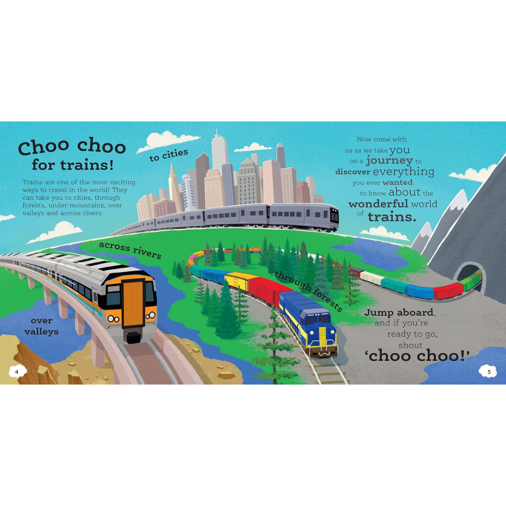 Illustration of trains on tracks with a cityscape and natural scenery in the background.