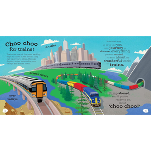 Illustration of trains on tracks with a cityscape and natural scenery in the background.
