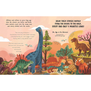 Illustrated book page with dinosaurs and text about their stories.