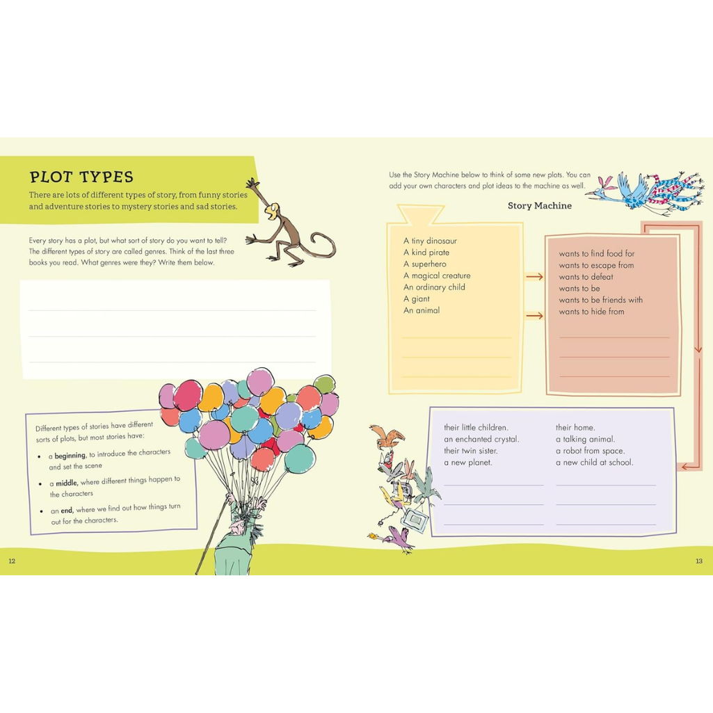 Educational page about plot types and story machines with colorful illustrations and text.