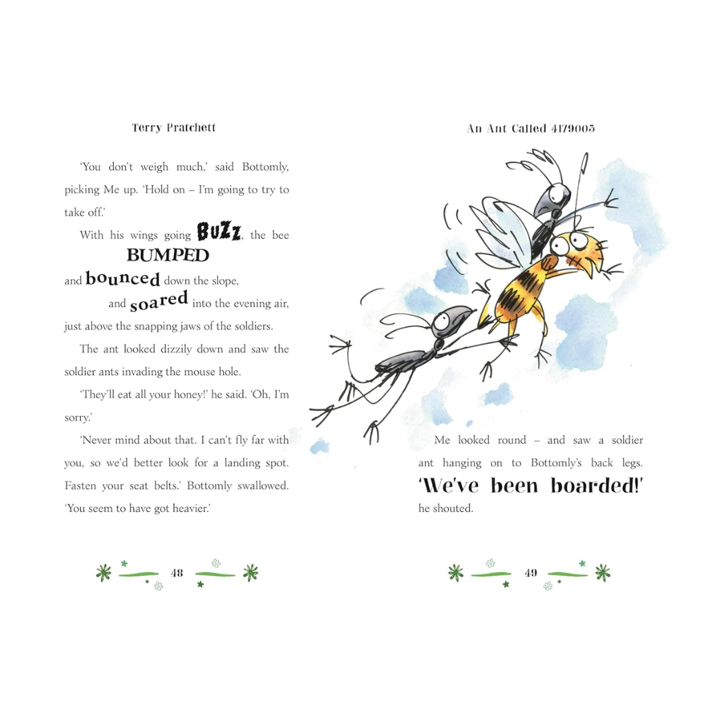 Page from a book with text and illustrations of an ant and bee.