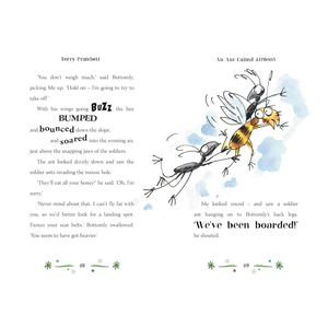 Page from a book with text and illustrations of an ant and bee.