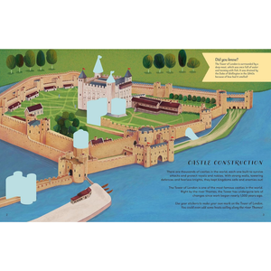 Illustration of a castle with surrounding landscape and text about castle construction.