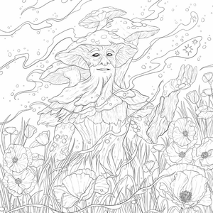 Black and white illustration of a fairy in a garden with flowers and leaves.