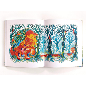 Open book with colorful illustrations of a lion and trees on a white background