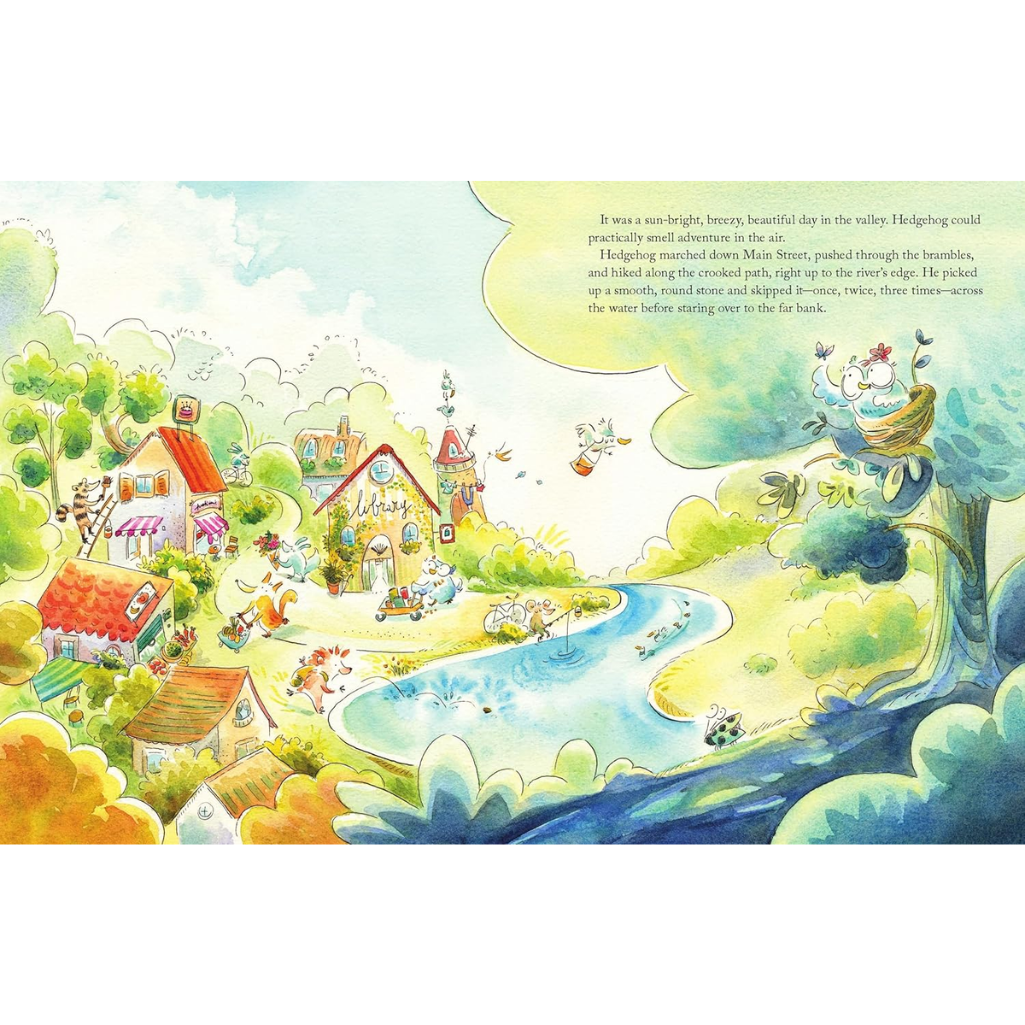 Colorful illustration of a village scene with houses, trees, and a river.