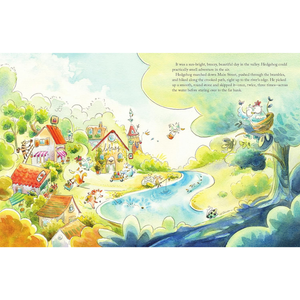 Colorful illustration of a village scene with houses, trees, and a river.