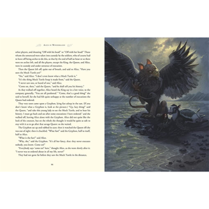 Illustrated book page with a winged creature and text on a white background
