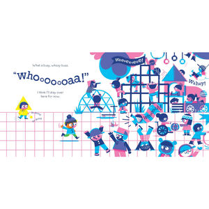 Illustrated children's book page with colorful characters and playground elements.