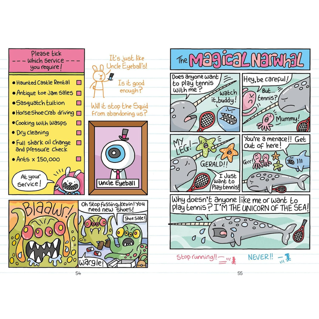 Comic strip with colorful panels featuring characters and text on a white background