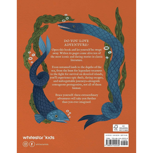 Back cover of a children's book featuring an orange background with two blue fish wrapped in a green seaweed border. White text in the center reads 'DO YOU LOVE ADVENTURE?' and 'whitestar kids' appears at the bottom left.