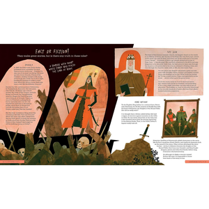 An open book spread showing illustrated historical pages with text blocks, a central figure in an orange robe, battle imagery, and small inset illustrations on a white page background.