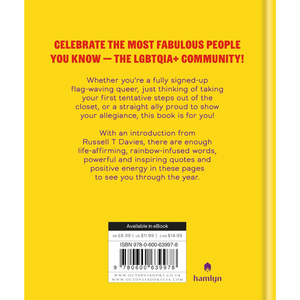 Book back cover with text celebrating LGBTQIA+ community on a yellow background