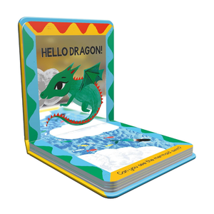 A children's pop-up book titled 'HELLO DRAGON!' shown open on a plain white background. The cover features a green dragon popping up over a blue icy landscape, with colorful wavy borders in green, yellow, and red.