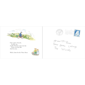 Illustrated postcard with a bicycle and postmark on a white background