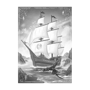 Black and white illustration of a ship sailing on water with mountains in the background