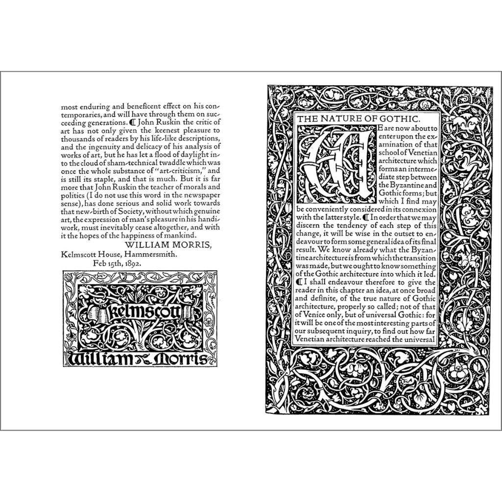 A book page or print featuring a large ornate Gothic-style decorative border on the right and a block of text on the left, with the title 'The Nature of Gothic' at the top.