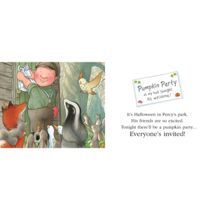 A children's book or story card page with an illustrated scene on the left showing a man in a garden with animals, and text on the right reading 'Pumpkin Party at my hut tonight. All welcome! It's Halloween in Percy's park.