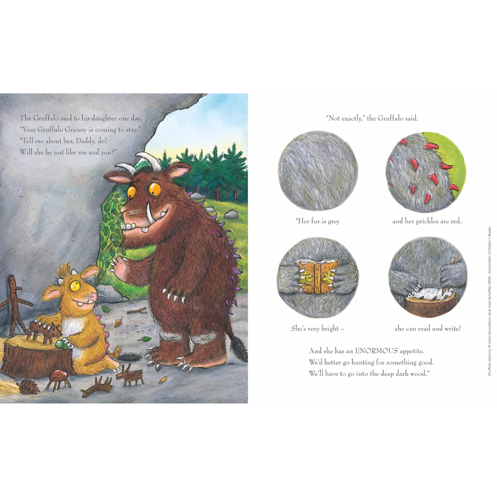 A printed children's book spread showing an illustrated scene on the left with a brown monster, a small yellow creature, and a gray stone creature, plus a captioned close-up panel on the right showing texture samples labeled for fur, skin, teeth, and clothing.