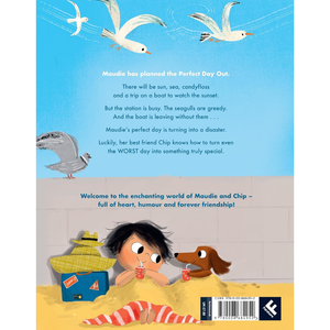 Book back cover with illustration of a child and dog on a beach, seagulls flying, and text about Maudie's perfect day out.