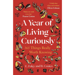 Book cover of 'A Year of Living Curiously' with decorative elements on a red background