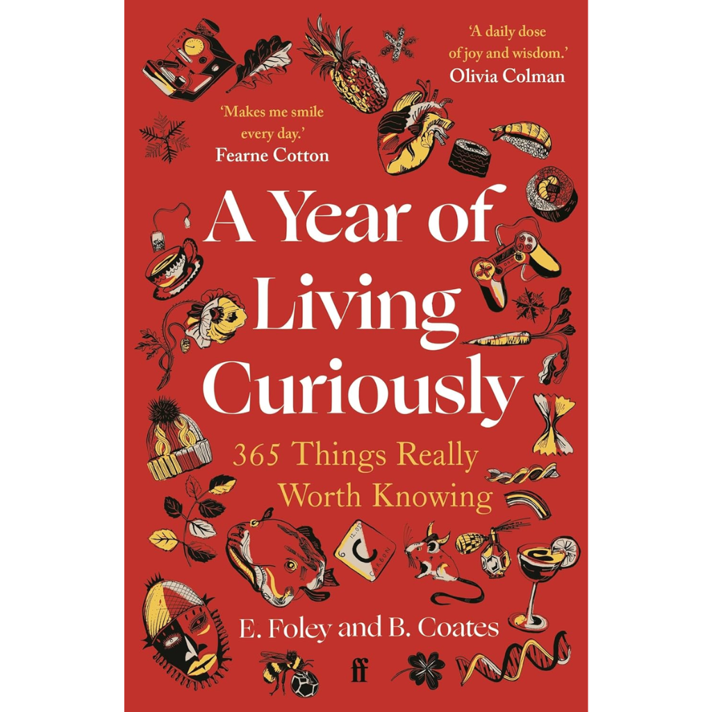 Book cover of 'A Year of Living Curiously' with decorative elements on a red background