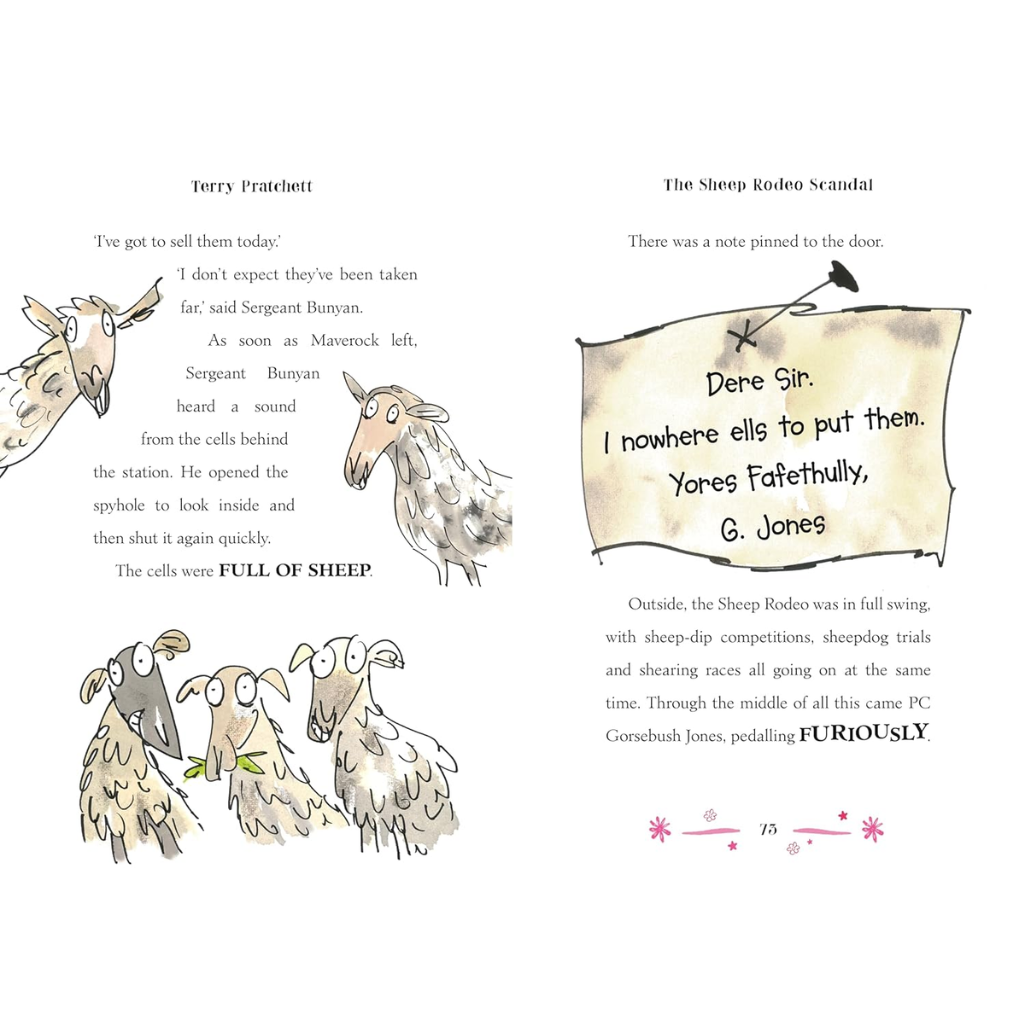 Page from a book with illustrations of sheep and text, featuring a humorous note about a sheep rodeo scandal.