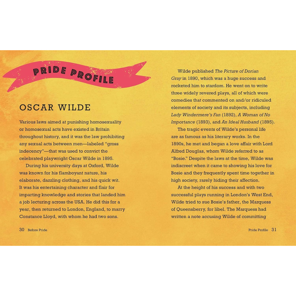 Book page with 'Pride Profile' of Oscar Wilde on a yellow background