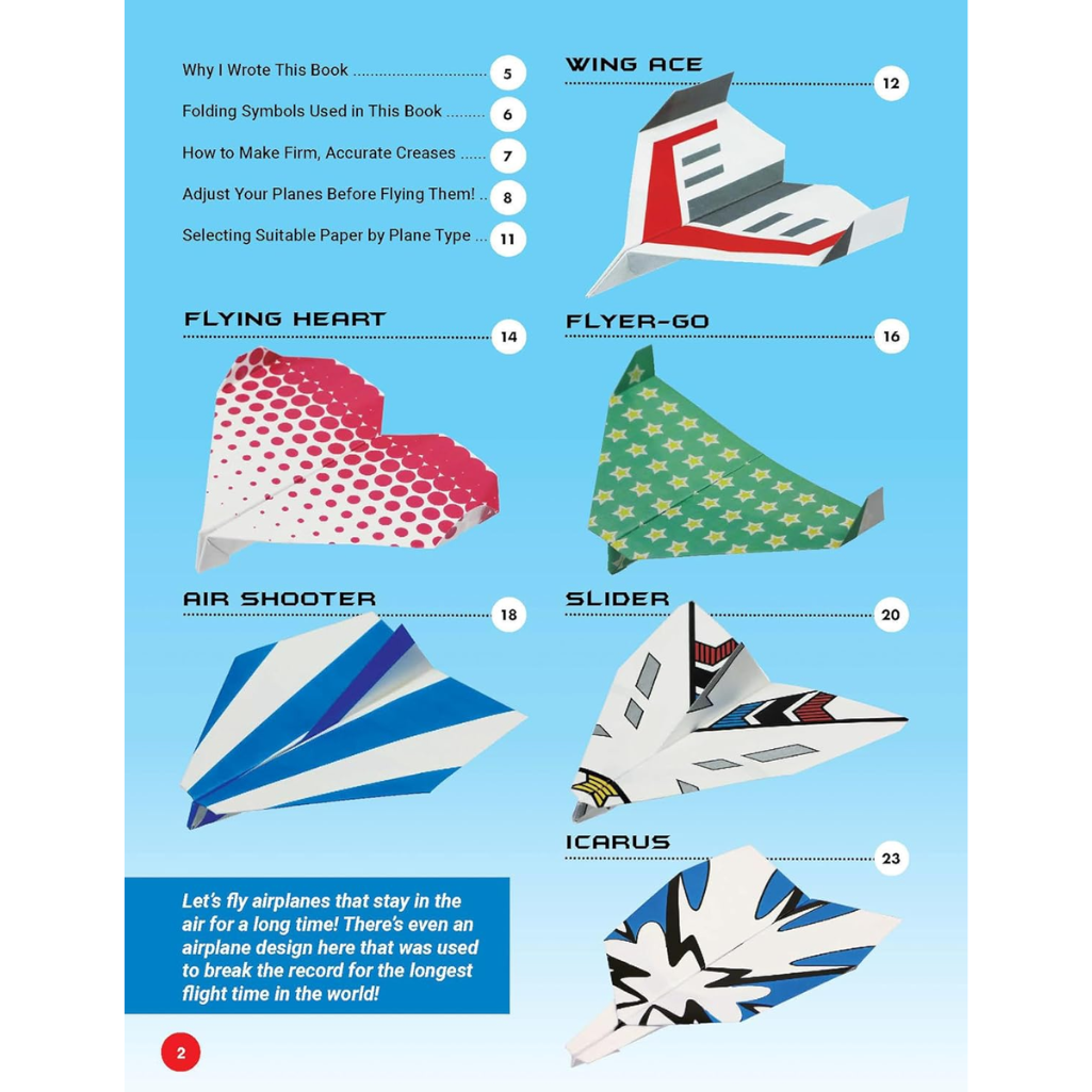 Illustrations of various paper airplanes with labels on a blue background