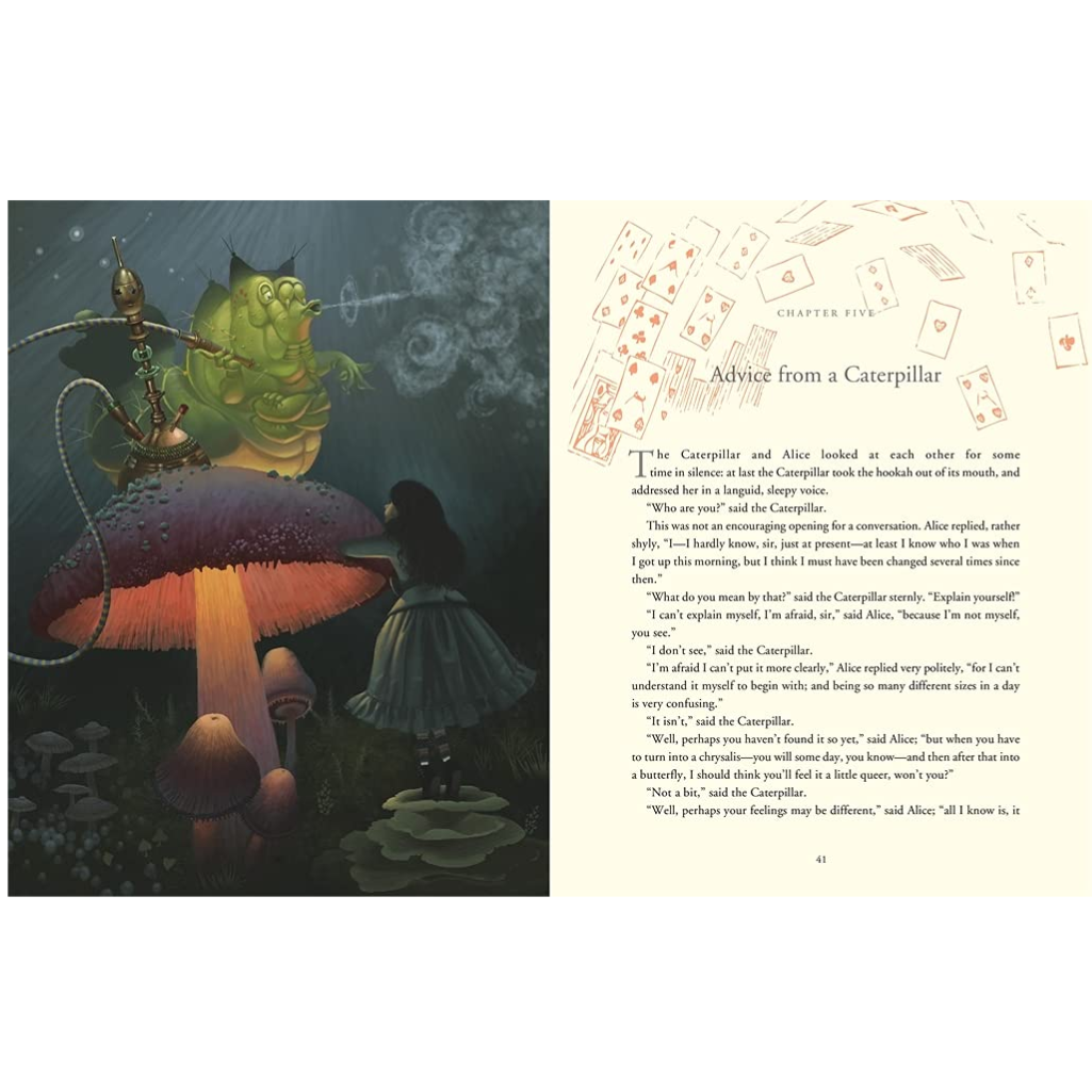 Illustrated book page with a character near a large mushroom and text on the right.