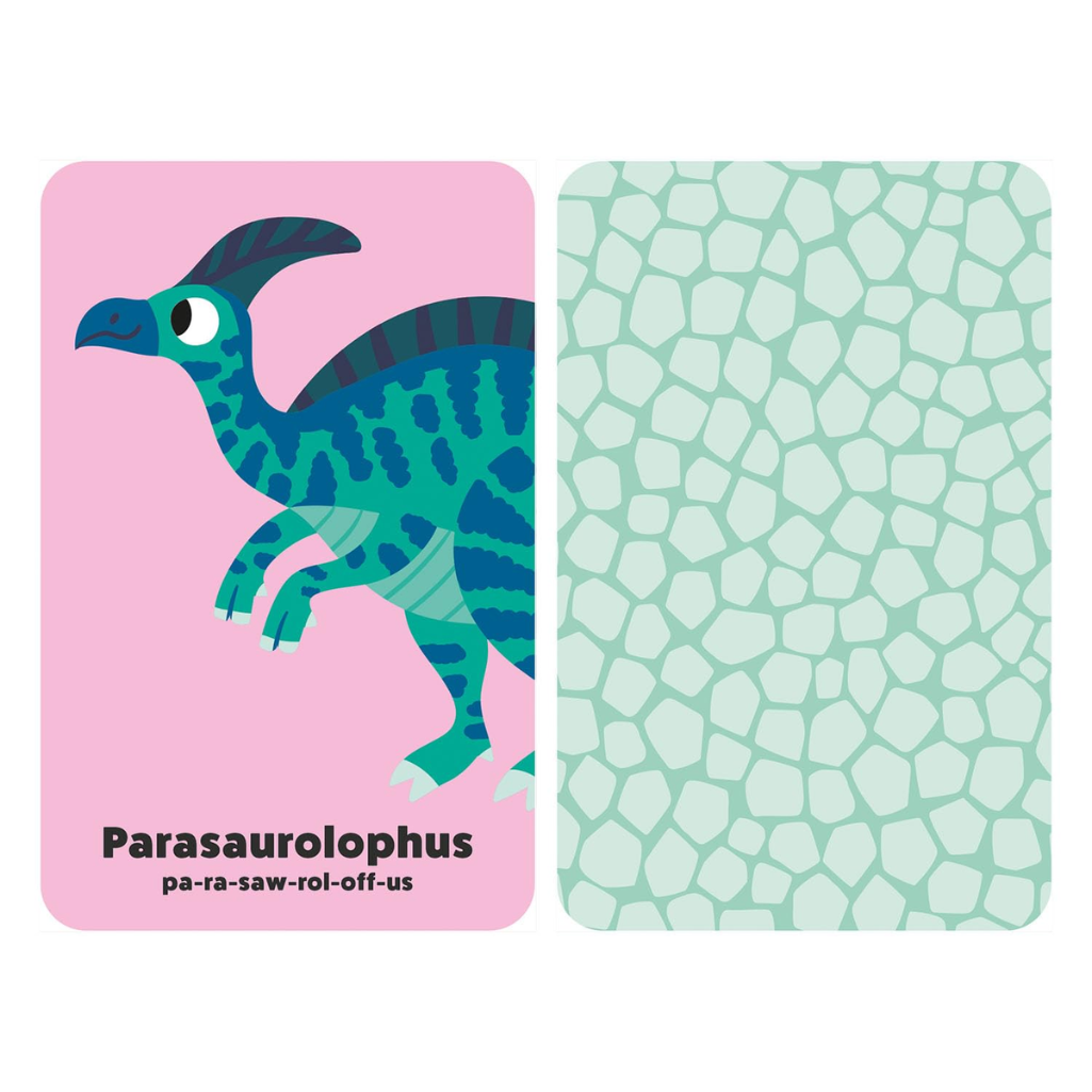 Card with a Parasaurolophus dinosaur illustration on a pink background