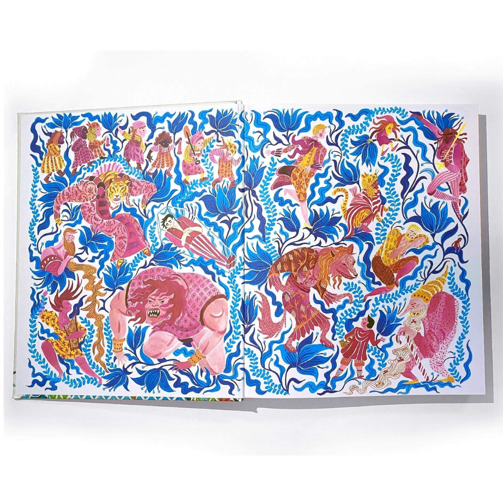 Colorful patterned paper with mermaids and sea creatures on a white background