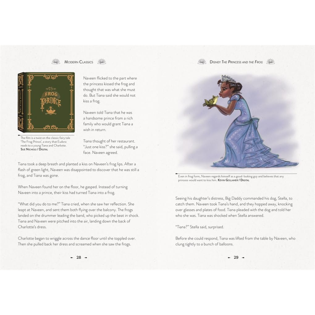 Book page with illustration of a princess and frog, text, and green book cover.