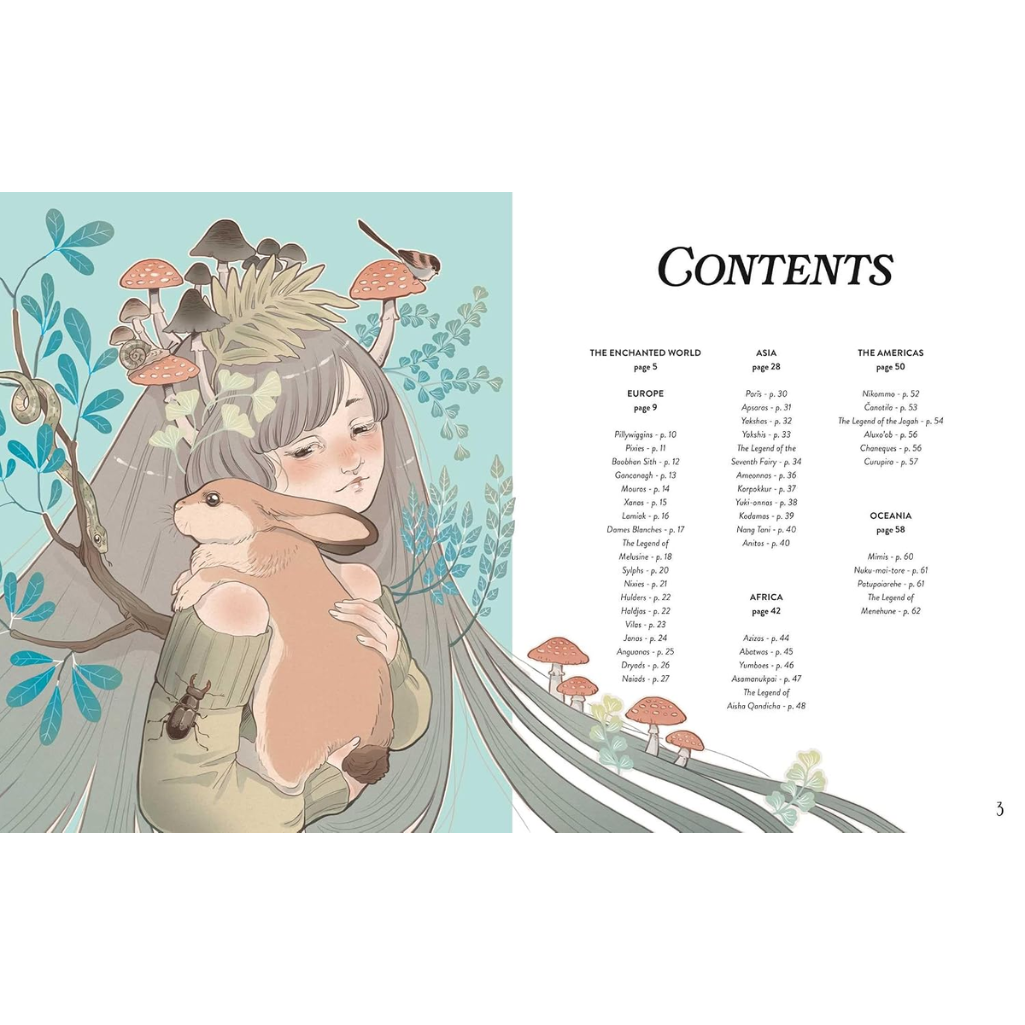 A book or booklet spread showing an illustrated cover with a woman in a forest holding a rabbit, alongside a printed contents page with chapter and section titles.