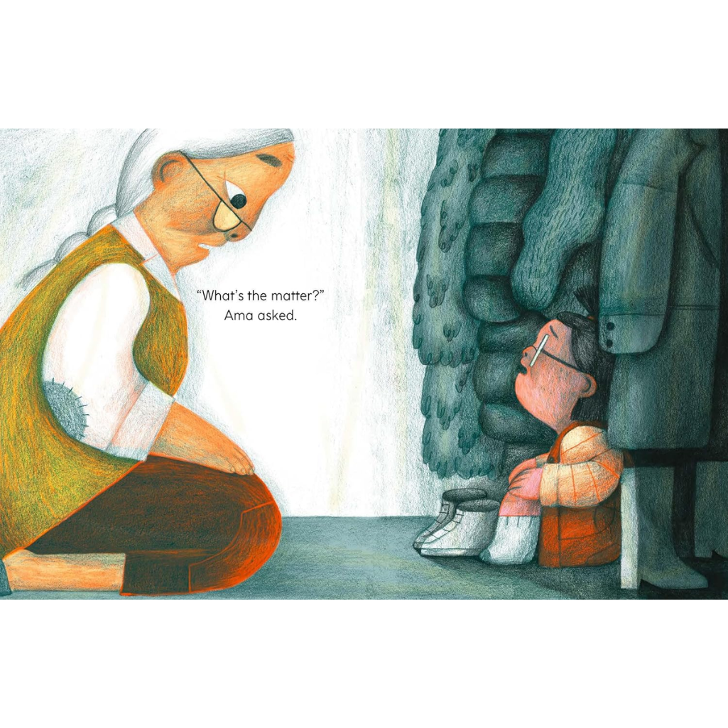Illustration of a person peeking into a large foot, with text 'What's the matter? Ama asked.'