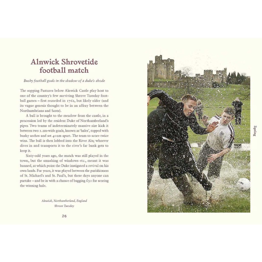 A printed page from a book or magazine featuring a photograph of a football match at Alnwick Shrovette with a castle in the background, alongside a text column with the headline 'Alnwick Shrovette football match' and a short caption.