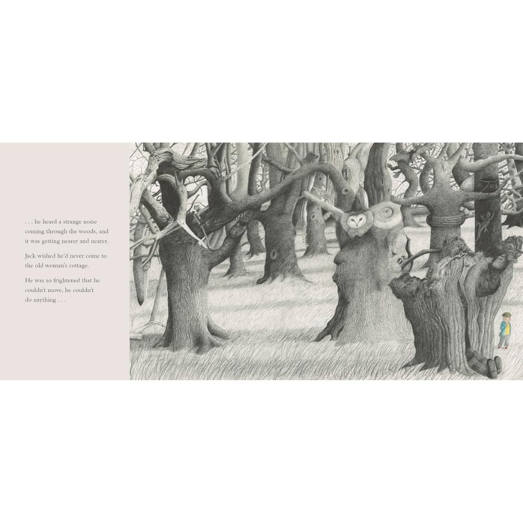 Illustration of a forest scene with trees and a character in the distance.