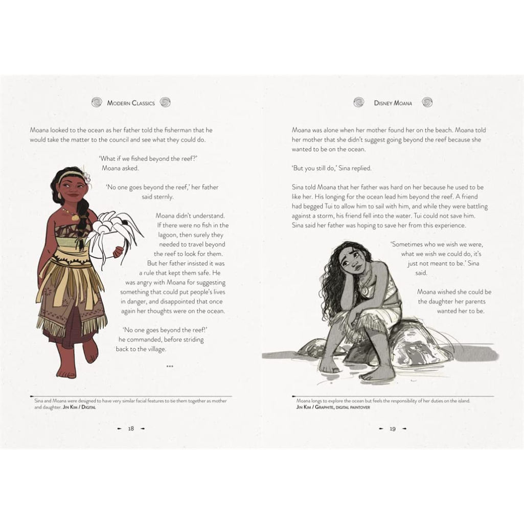 Illustrated book page from Disney's Moana featuring two characters and text.