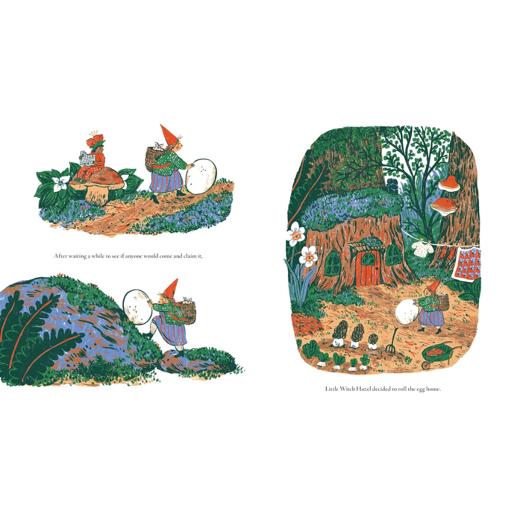 A vintage-style illustrated book page or print showing whimsical woodland scenes: two small figures with pointed hats near a glowing egg on the left, a close-up of a forest path with mushrooms and a figure on the lower left, and a larger woodland cottage scene with a figure, egg, and small animals on the right. Small caption text appears beneath the scenes.