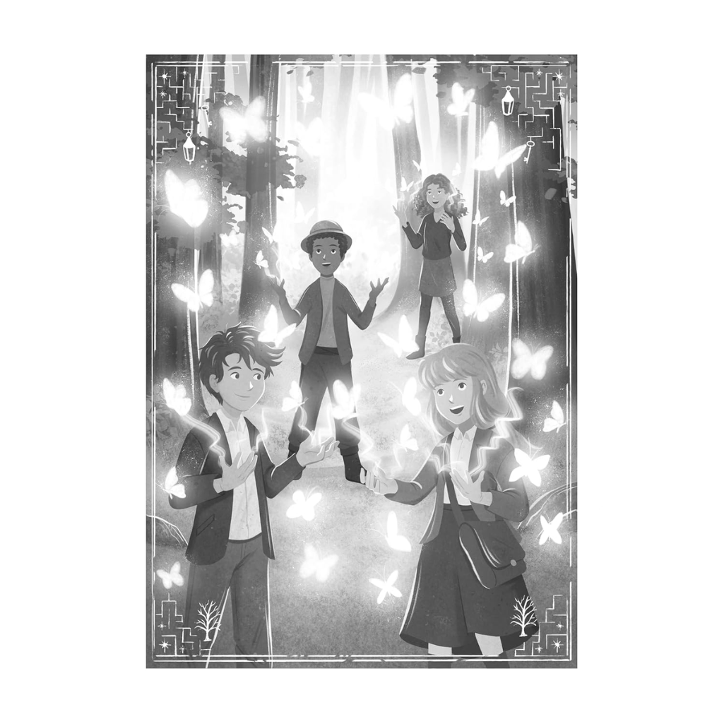 Illustration of four people in formal attire standing in front of a mirror with decorative lights.