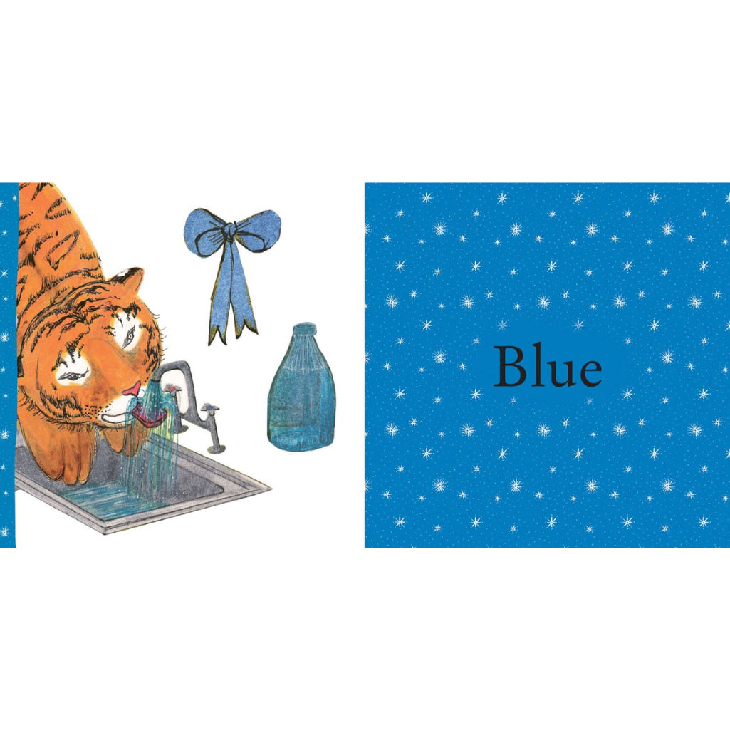 A color swatch card displaying a blue fabric pattern with white stars, featuring the word 'Blue' in the center. The left side shows a small illustration of an orange tabby cat drinking water from a faucet, with a blue ribbon and a blue glass bottle nearby.
