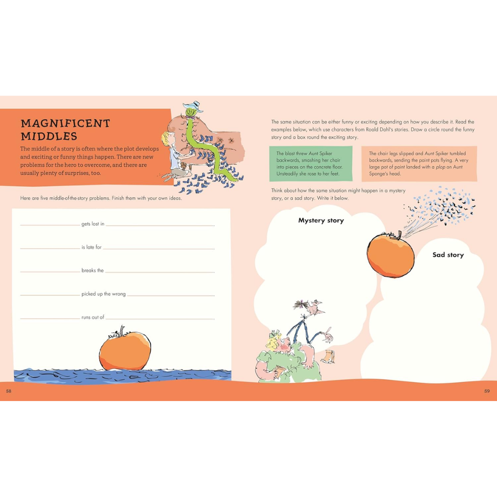 Educational book page with illustrations and text on story elements