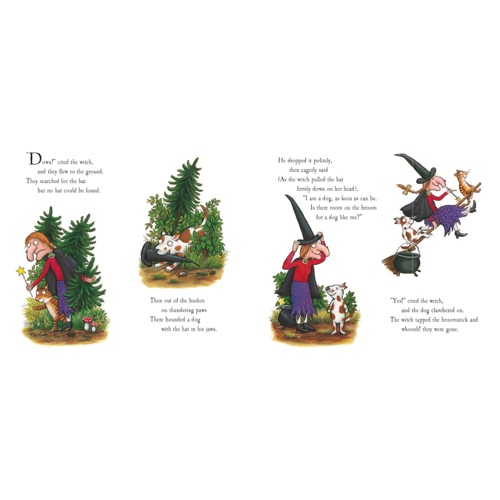 Illustrated page from a children's book with characters and trees on a white background