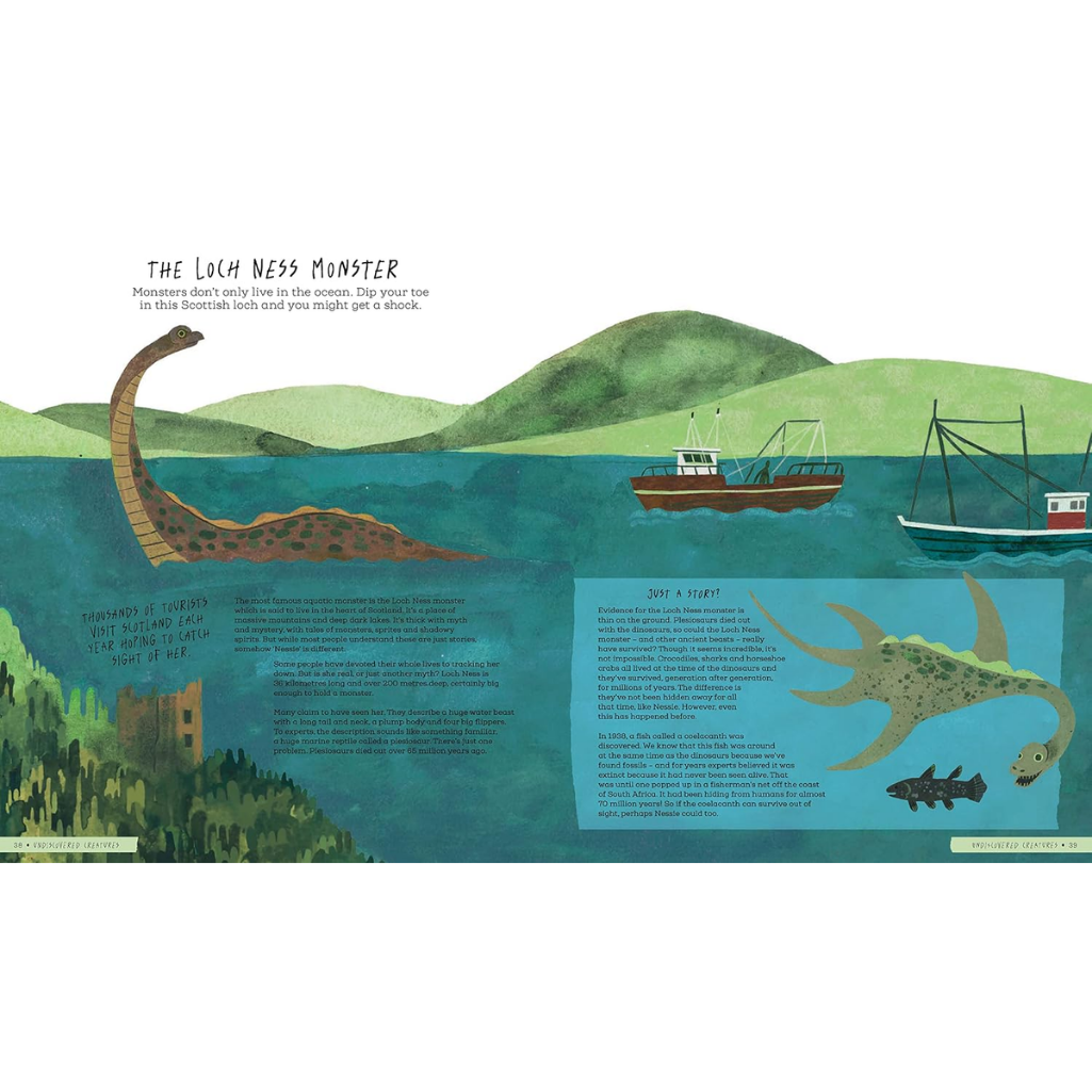 An illustrated book or magazine page titled 'The Loch Ness Monster' showing a large dinosaur-like serpent rising from blue water, with fishing boats, green hills, and text panels on a white page background.