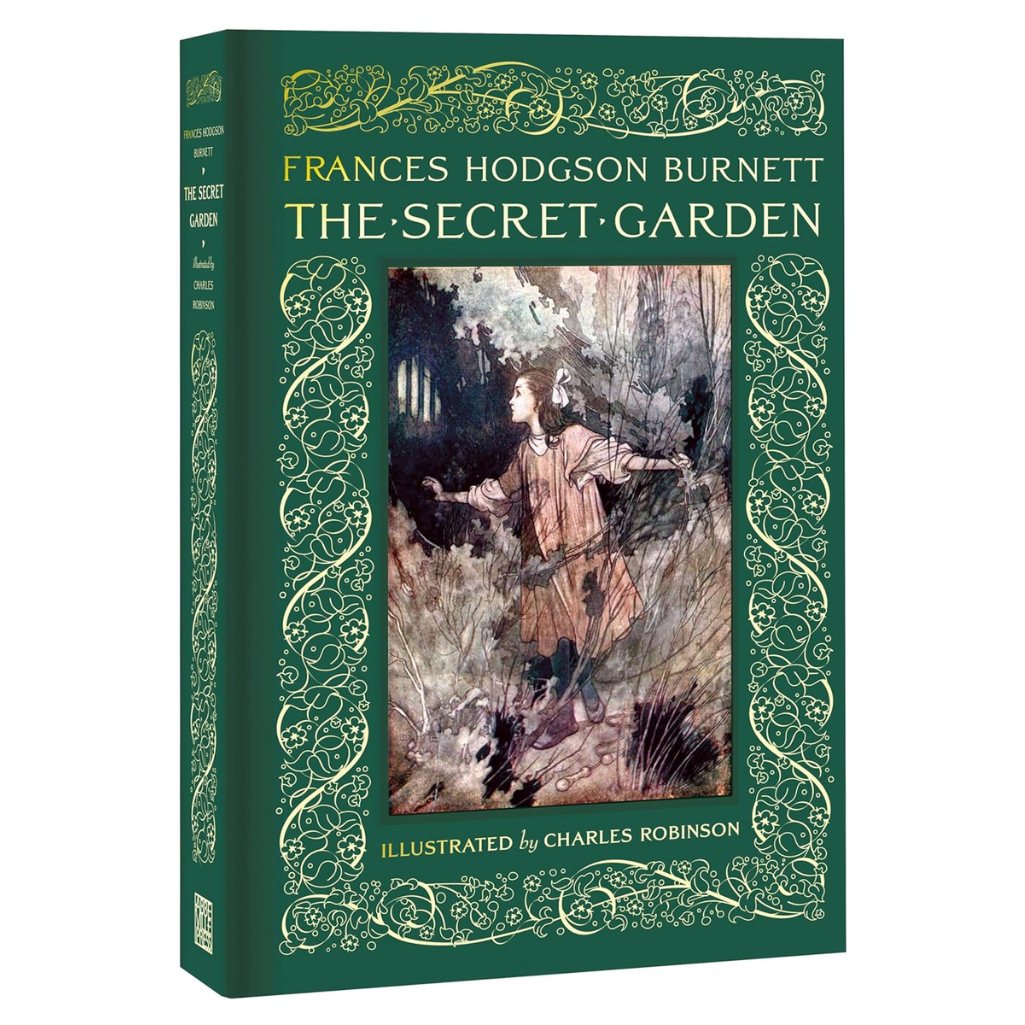 Book cover of 'The Secret Garden' by Frances Hodgson Burnett with decorative green border and illustration of a girl.