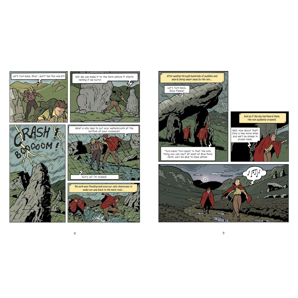 A two-page spread of a comic book or graphic novel showing illustrated action panels with characters in red cloaks and a dramatic rocky landscape. The pages include speech bubbles and panel labels, photographed against a plain white background.